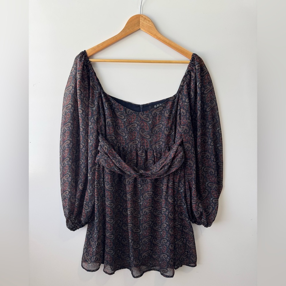O.P.T West Paisley Print Long Sleeve‎ Squareneck Mini Dress Women's Size Medium - Picture 3 of 8